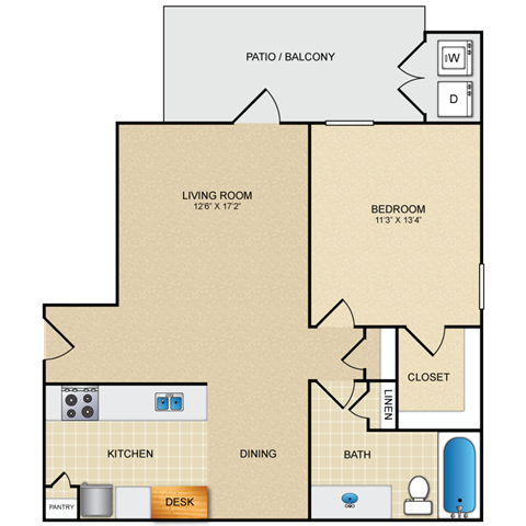 Floor plan for 1 bed, 1 bath, 735 sqft